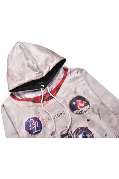 New Trendy Creative 3D Planet Pizza Astronaut Print Long Sleeve Beige Hoodie