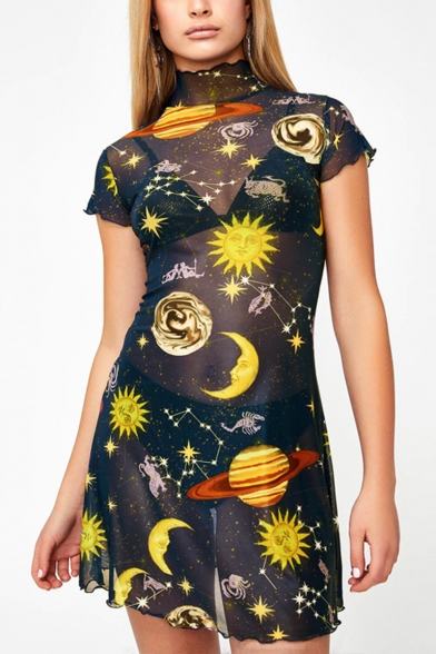 New Trendy Fashion Galaxy Moon Star Print High Neck Short Sleeve Mini Mesh Sheath Dress