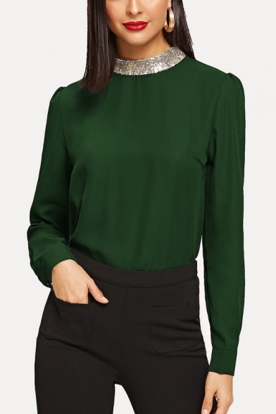 New Trendy Plain Sequins Stand Collar Long Sleeve Slim-Fit Chiffon Blouse