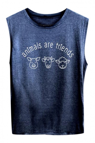 Popular Letter ANIMALS ARE FRIENDS Printed Round Neck Sleeveless Loose Graphic Tank