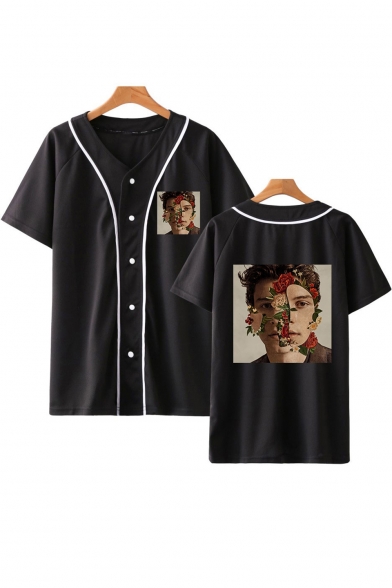 Popular Floral Figure Printed Short Sleeve Casual Unisex Button-Front Baseball Shirt