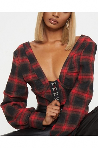 Red Check Printed Sexy Plunge V-Neck Hook Front Long Sleeve Cropped Blouse