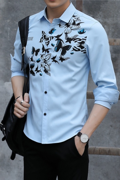 Simple Letter FASHION Butterfly Pattern Long Sleeve Guys Loose Fit Button-Up Shirt