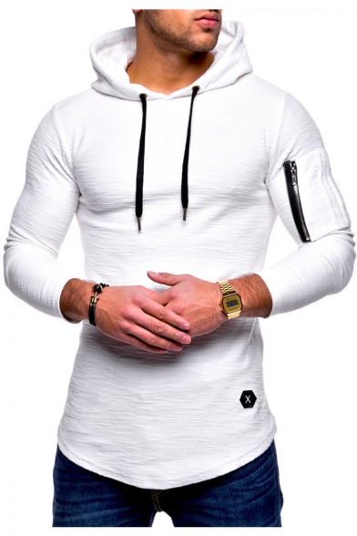 Simple Plain Fashion Zip Patched Long Sleeve Slim Fitted Hooded T-Shirt for Men