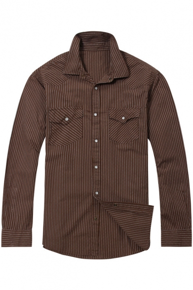 Stylish Vertical Pinstripe Printed Double Flap Pocket Front Men's Casual Coffee Cotton Shirt