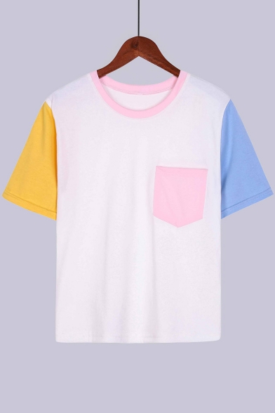 Summer Fashion Colorblocked Basic Short Sleeve Round Neck White T-Shirt