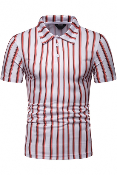 Summer Mens Stylish Vertical Stripe Printed Short Sleeve Slim Red Polo Shirt
