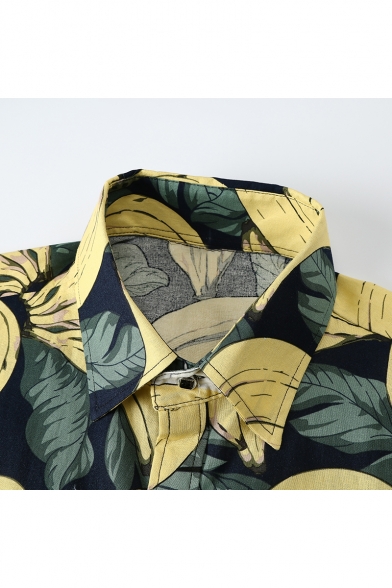Summer Tropical Banana Pattern Mens Casual Long Sleeve Button-Up Shirt