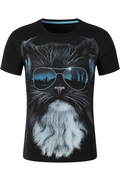 3D Funny Cartoon Cat with Glasses Hip Hop Style Short Sleeve Black Tee