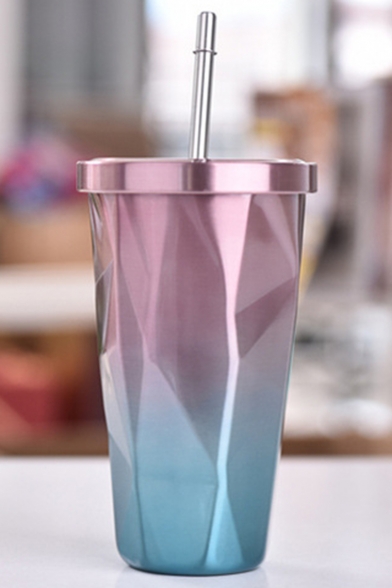 500ml Stainless Steel Cups Gradient Color Diamond Double Wall Travel Water Bottles with Straw