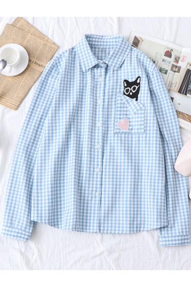Cartoon Cat Embroidery Pocket Simple Long Sleeve Button Front Plaid Shirt