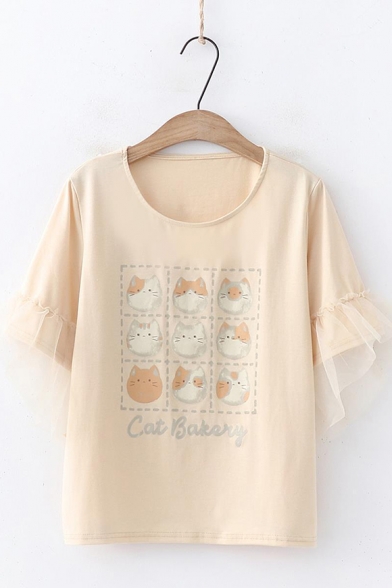 Cartoon Letter Cat Pattern Round Neck Mesh-Panel Short Sleeve Loose T-Shirt