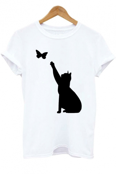 Cute Butterfly Cat Printed Basic Short Sleeve Round Neck Unisex T-Shirt