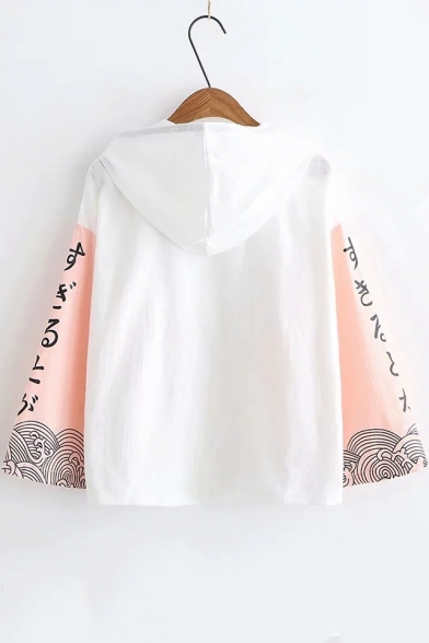 Cute Lovely Japanese Character Print Long Sleeve Drawstring Hooded Button Cotton Coat