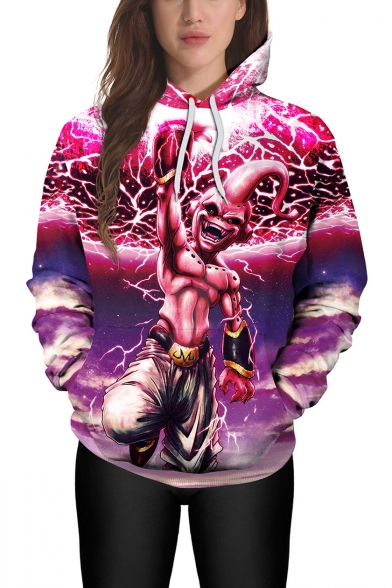 New Stylish Cool 3D Comic Character Print Relaxed Fit Pink Hoodie