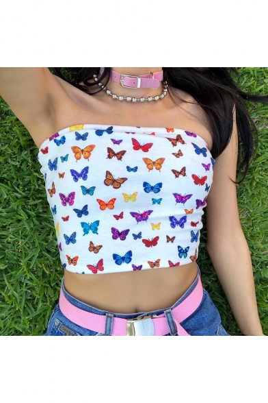 Fashion All Over Butterfly Pattern Summer Sexy Cropped White Bandeau Top