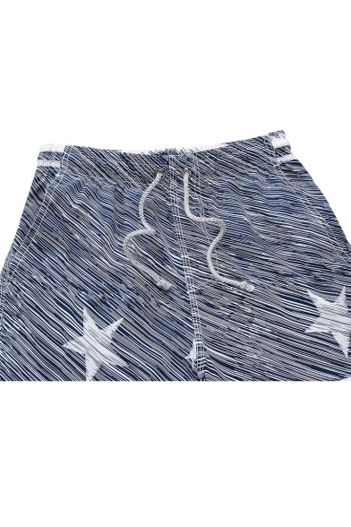 Fashion Blue Five-Pointed Star Mens Summer Beach Swim Trunks with Drawstring and Pockets