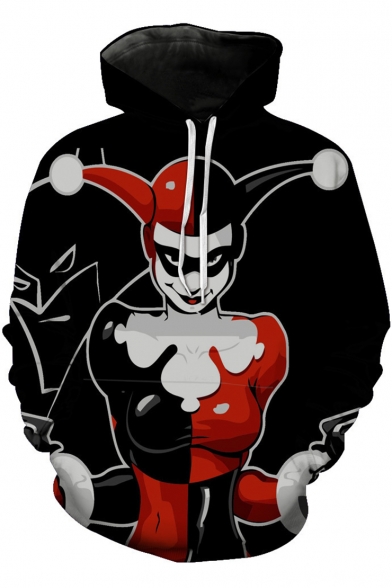 Fashion Queen Joker Pattern Long Sleeve Sport Loose Hoodie in Black