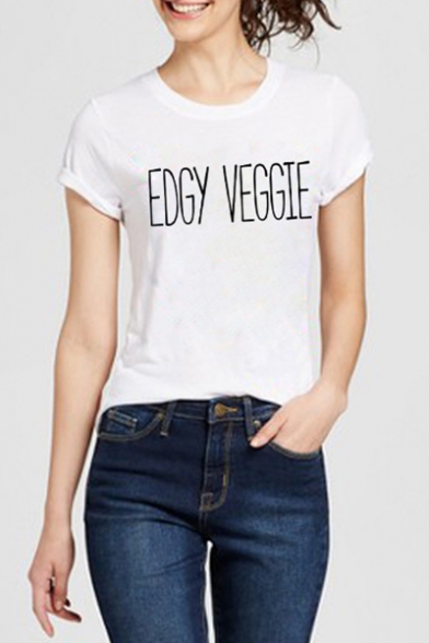 Fashion Street Letter EDGY VEGGIE Pattern Round Neck Short Sleeve Cotton Loose T-Shirt