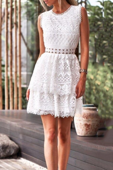 Fashion White Lace Crochet Backless Round Neck Sleeveless Mini A-Line Cake Dress