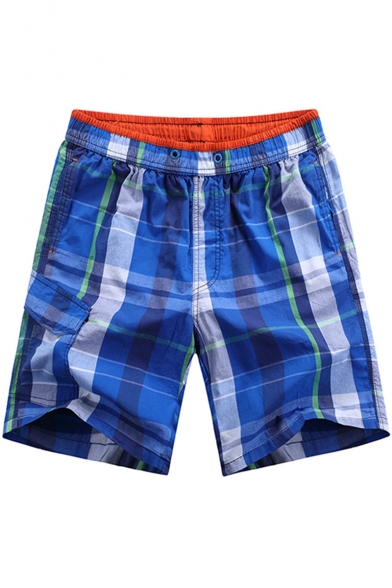 Fast Drying Color Plaid Elastic Waist Cotton Casual Loose Mens Summer Swim Shorts