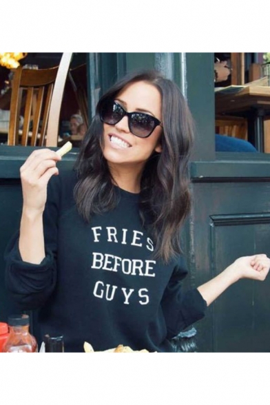 FRIES BEFORE CUYS Funny Street Letter Printed Long Sleeve Relaxed Black Sweatshirt
