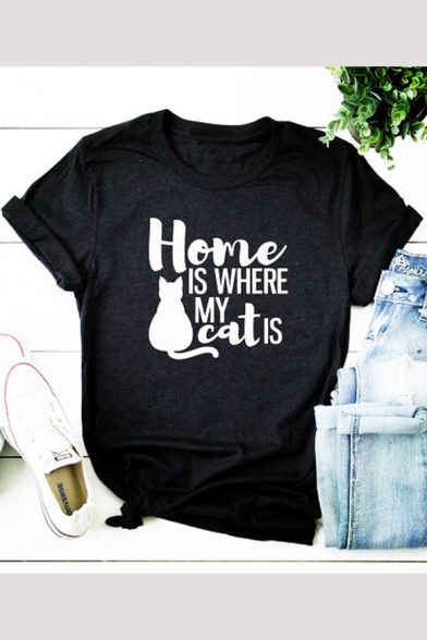 Funny Letter HOME IS WHERE MY CAT IS Street Fashion Short Sleeve Black T-Shirt