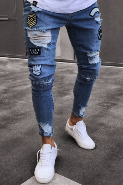Hot Fashion Letter ARMY Badge Patchwork Guys Slim Fit Ripped Jeans