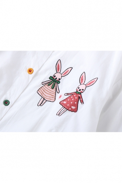Lovely Cartoon Rabbit Embroidered Long Sleeve Loose Casual Button Down Shirt