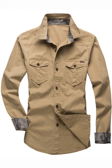 WSPLYSPJY Mens Casual Long Sleeve Military Cargo Button Down Blouses Shirt Tops 