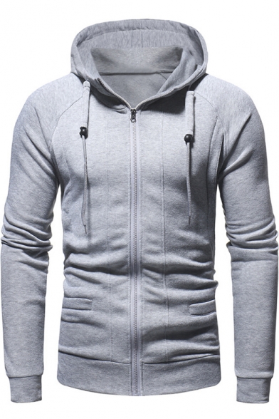 Men's New Trendy Simple Plain Long Sleeve Slim Fit Zip Up Drawstring Hoodie