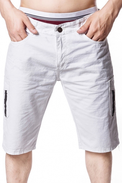 Men's Trendy Tape Patched Pocket Simple Plain Casual Cotton Chino Shorts