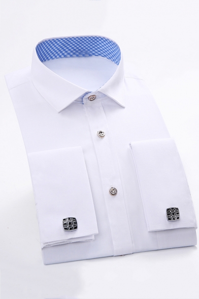 Mens Best Fashion Simple Plain Long Sleeve Button-Up French Cuff Dress Shirt
