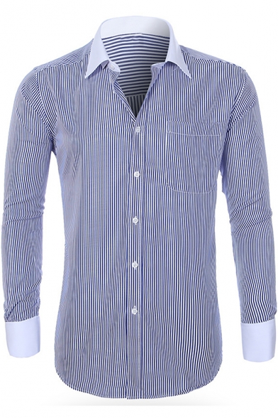 Mens Contrast Collar Spread Collar Trendy Vertical Pinstripe Print French Cuff Fitted Button-Up Cotton Shirt