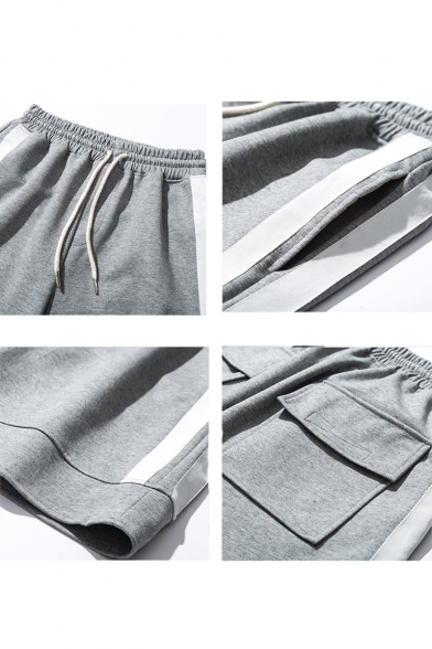 Mens Fashion Web Stripe Side Drawstring-Waist Flap-Pocket Back Grey Cotton Athletic Sweat Shorts