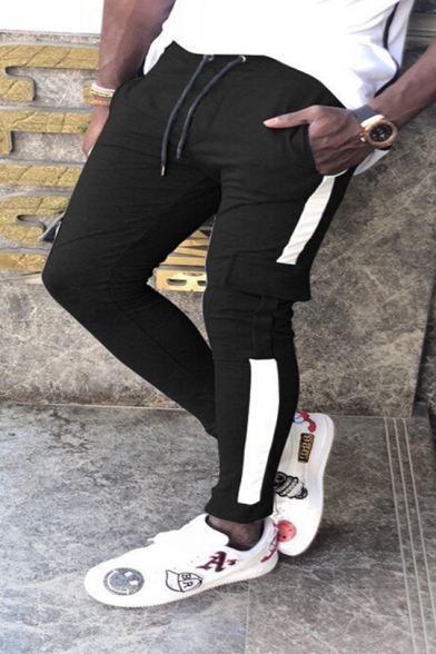 Mens Trendy Flap Pocket Tape Side Drawstring Waist Skinny-Fit Sport Pencil Pants