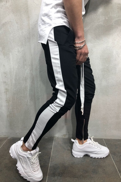 New Trendy Colorblocked Stripe Side Drawstring Waist Zip-Embellished Cuff Skinny Pencil Pants for Guys
