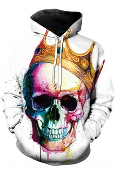 New Trendy Cool Crown Skull 3D Printed Relaxed Fit Hoodie in White