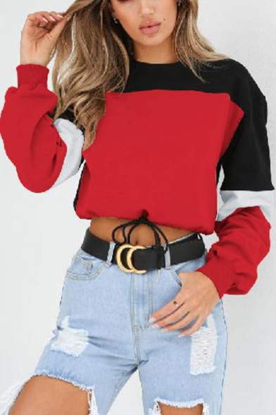 Round Neck Color Block Long Sleeve Drawstring Hem Crop Sweatshirt
