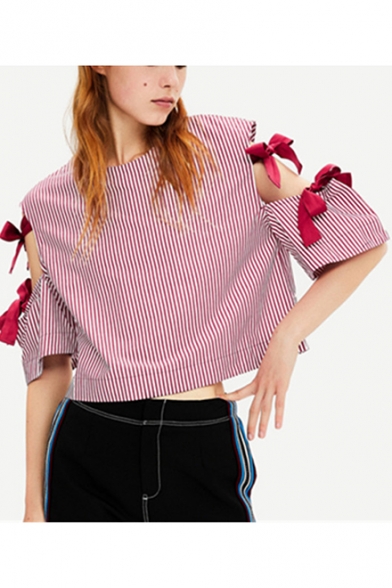 Round Neck Hollow Out Short Sleeve Bow Embellished Striped Blouse