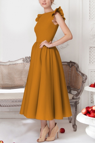 Stylish Simple Plain Ruffled Sleeve Round Neck Womens Maxi Fit and Flared Evening Dress