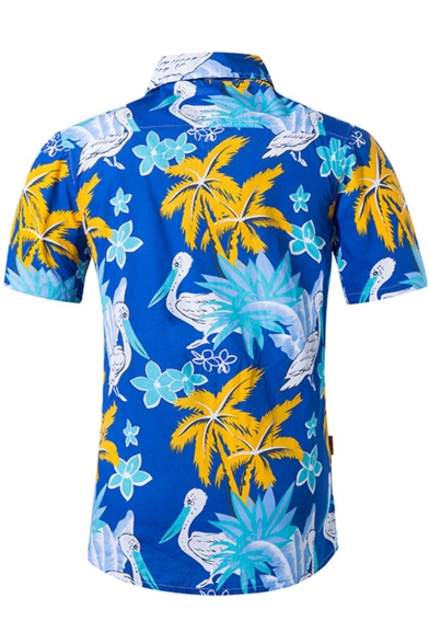 Summer Fashion Tropical Palm Tree Crane Print Casual Cotton Short Sleeve Beach Shirt