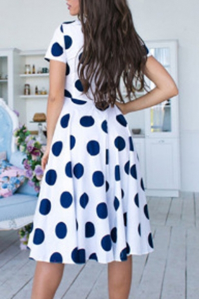 Summer Trendy Polka Dot Printed Square Neck Short Sleeve Midi A-Line Dress For Women