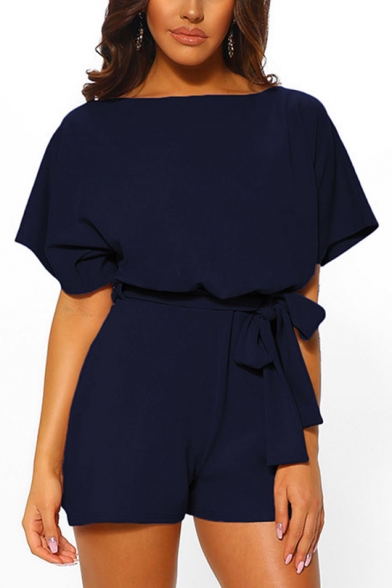 Trendy Basic Simple Plain Round Neck Short Sleeved Tied Waist Casual Loose Rompers