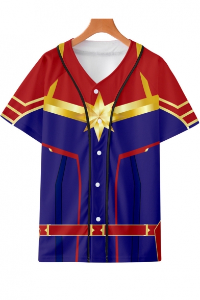 Comic Cosplay Costume V-Neck Short Sleeve Loose Fit Baseball Shirt