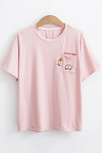 Cute Cartoon Letter DO NOT HIDE Embroidery Pocket Short Sleeve Girls Casual Tee