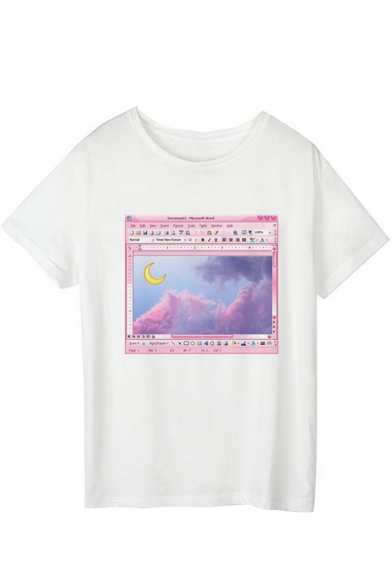 Cute Moon Print Girls Basic Short Sleeve White T-Shirt