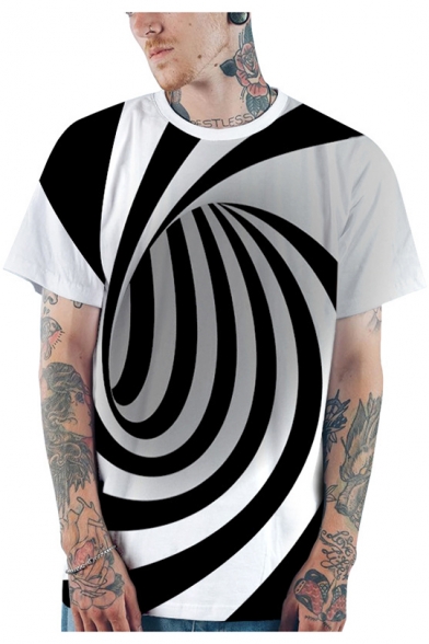 Fashion 3D Black and White Striped Whirlpool Printed Basic Short Sleeve Casual T-Shirt