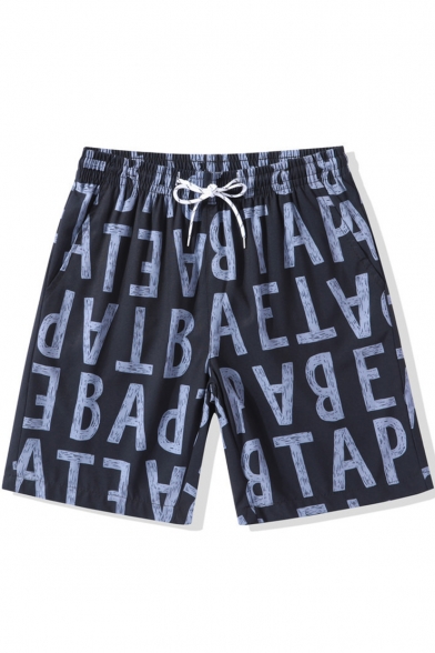 Fashion Big and Tall Navy Letter Stretch Quick Dry Unisex Swim Trunks Shorts with Drawcord and Pockets