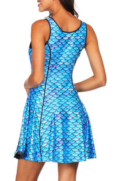 Fashion Reversible 3D Blue Fish Scale Purple Galaxy Print Scoop Neck Mini A-Line Tank Dress
